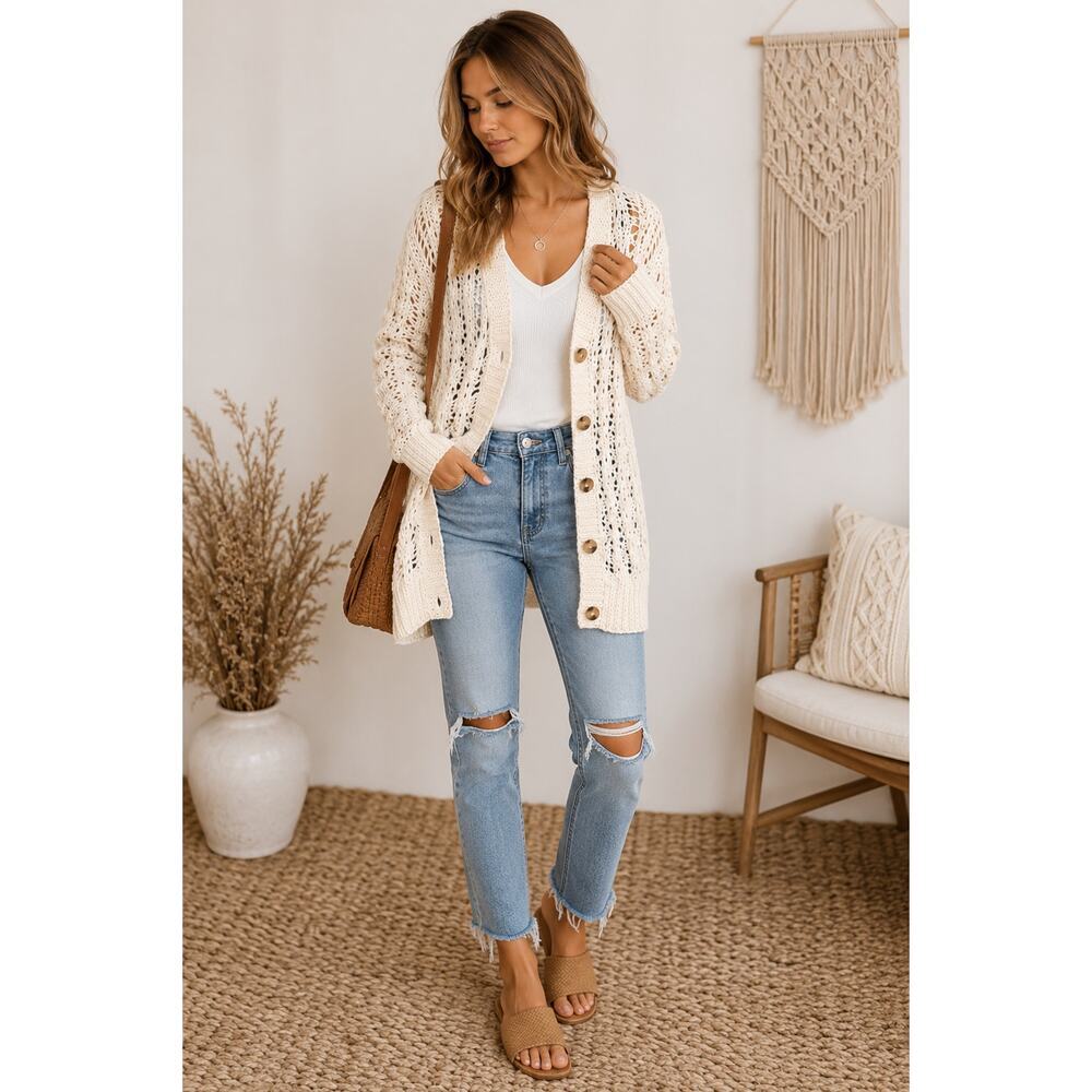 NWT Michael Kors Open Knit Cardigan Sweater Dark Ecru Boho Women’s Small
